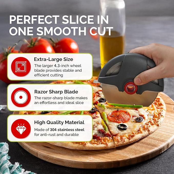 Pizza Cutter Wheel, 4.3" Large 304(18/8) Stainless Steel Blade, Reinforced Durable Pizza Slicer, Fully Detachable & Dishwasher Safe with Safety Protective Cover