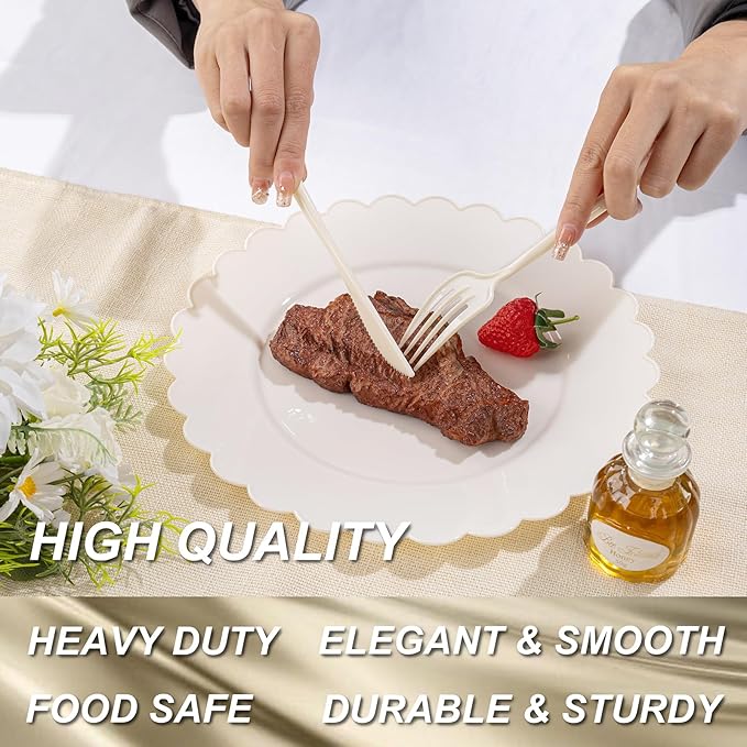 Supernal 180pcs Plastic Silverware Heavy Duty Ivory Plastic Utensils Cutlery Disposable Beige Party Silverware Include 60 Forks,60 Knvies,60 Spoons Disposable Cutlery for Party,Wedding,New Year