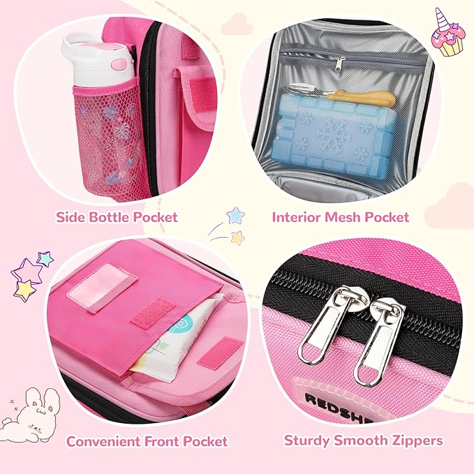 REDSHELL Tactical Lunch Box Kids, Large Insulated Lunch Bag for Girls, Cooler Lunchbag, Toddler Square Lunchbox, School Daycare Lunch Tote Pail with Water Bottle Holder Shoulder Strap, Rose Red