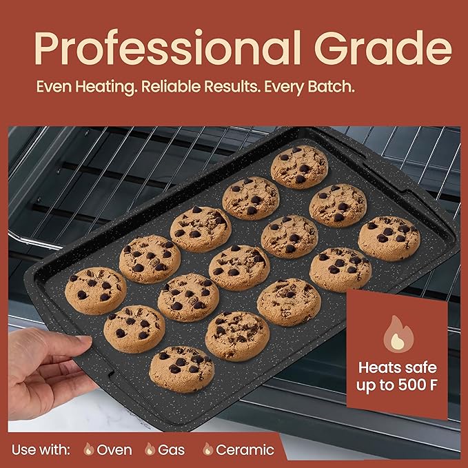 Bakken Swiss Cookie Sheet 3 Piece Set - Non-Stick, Stackable Baking Pans, Gray marble Deluxe Ceramic Coating – Dishwasher Safe - for Home Baking