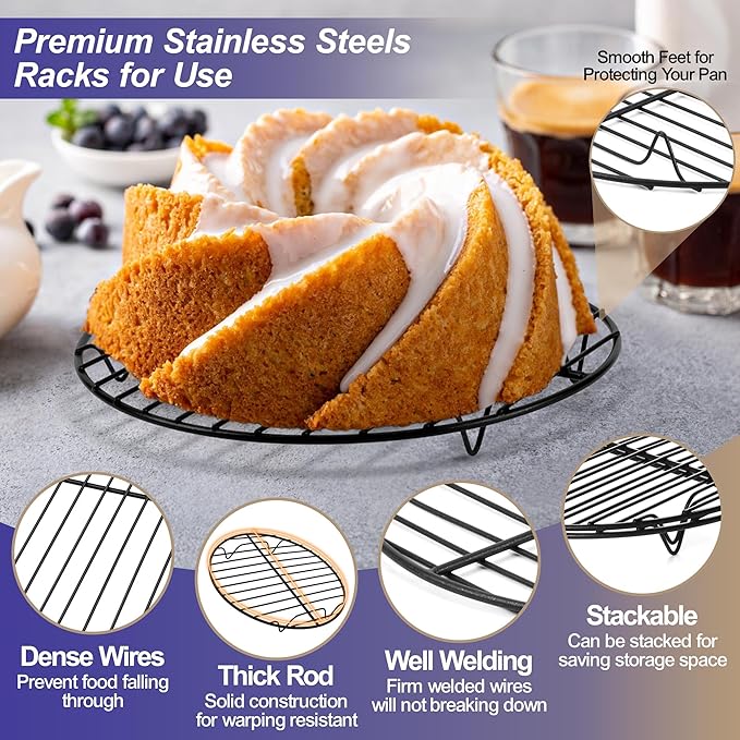 P&P CHEF 7½ Inch Cooking Rack Round, Stainless Steel Round Rack for Cooking Cooling Steaming Baking, Fit Air Fryer Pot Pressure Cooker, 2 Pack -Oven Safe, Black