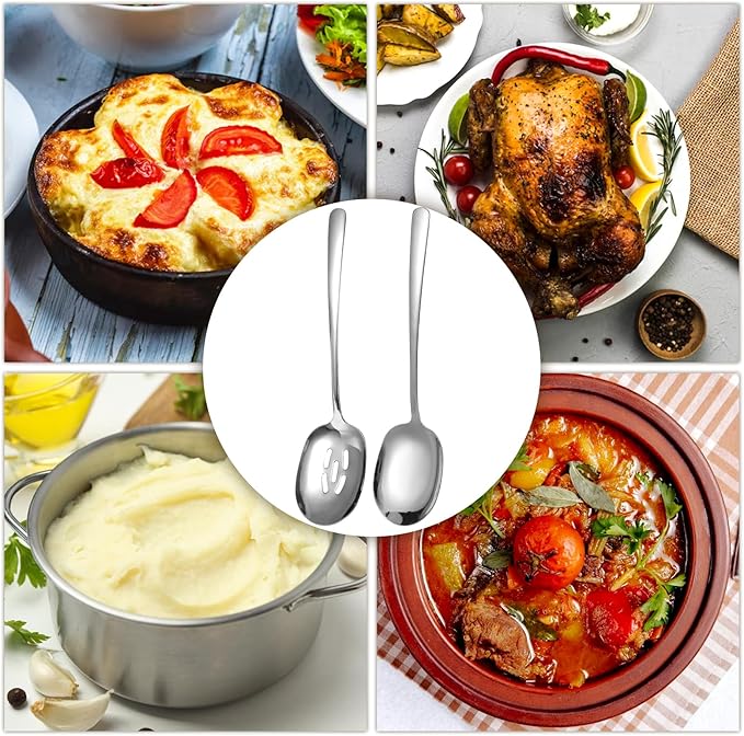 8PCS Stainless Steel Serving Spoons Set, Extra Large 11 Inch Serving and Slotted Spoon Cooking Spoons Cutlery Serving Utensils for Kitchen Buffet Parties Catering, Dishwasher Safe
