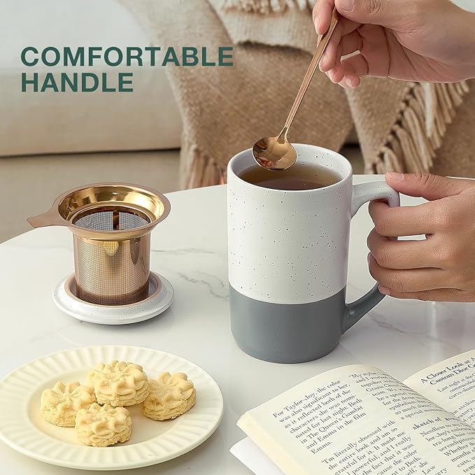 Ceramics Large Tea Cup with Loose Leaf Infuser, Spoon and Lid, 16 oz Tall Coffee Mug, Microwave and Dishwasher Safe, Rustic Matte Ceramic Glaze, Tea Strainer (Gray)