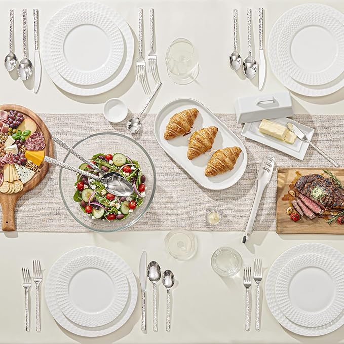 KINGSTONE 65 Piece Hammered Silverware Set with Serving Utensils, 18/10 Stainless Steel Flatware Set for 8, Cutlery Set for Home, Party, Wedding, Mirror Polished Dishwasher Safe