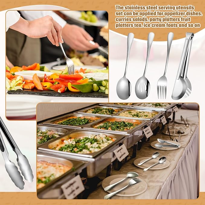 19 Pieces Serving Flatware Set Including Stainless Steel Spatulas, Forks, Spoons, Perforated, Soup, Skimmers Spoon, Buffet Tongs, Heavy Duty Serving Tongs for Home(Silver)
