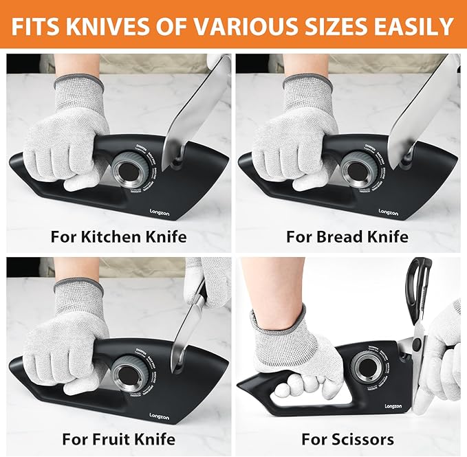 Longzon 6-in-1 Knife Sharpener 5 Stage for Serrated Knives, Scissors with Cut-Resistant Glove,Original Premium Polish Blades,Best Kitchen Knife Sharpener Repair & Restore Pocket Knife, Chefs knife