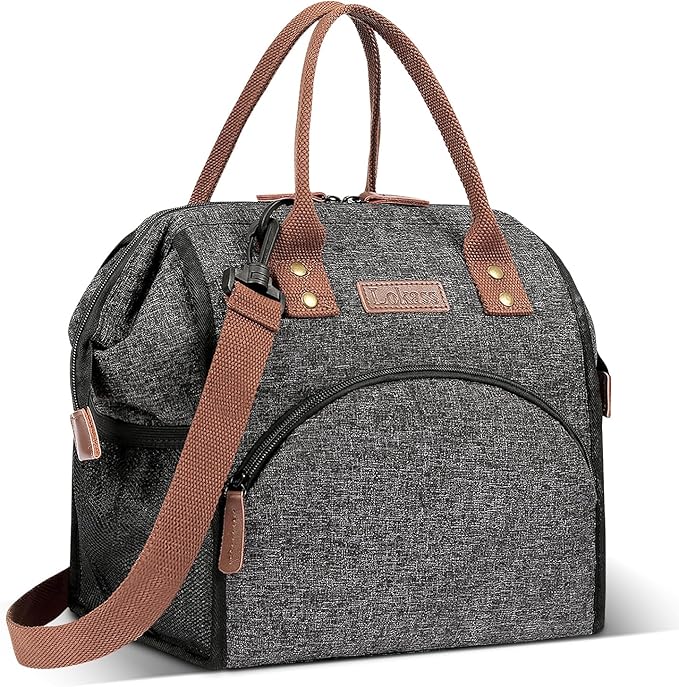 LOKASS Lunch Bag Insulated Lunch Box Wide-Open Lunch Tote Bag Large Drinks Holder Durable Nylon Snacks Organizer with Removable Shoulder Strap for Women Men Adults Work Outdoor,Black