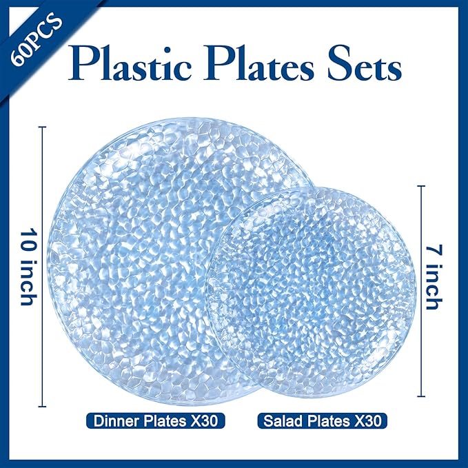 Rubtlamp 60Pcs Easter Plastic Blue Plates, Heavy Duty Disposable Plates, Blue Hammered Party Plate Include 30 Dinner Plate, 30 Dessert Platos, Fancy Disposable Platos For Spring