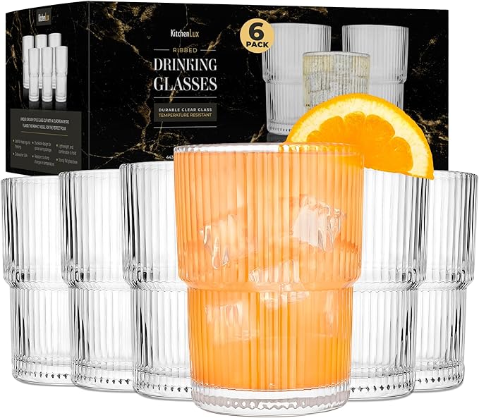 Ribbed Drinking Glasses - Ribbed Glass Cups 15 oz - Ribbed Glassware Set of 6 - Textured Vintage Retro Ripple Aesthetic Glass Ware for Whiskey Cocktail Beer Water, Coffee Bar Accessories