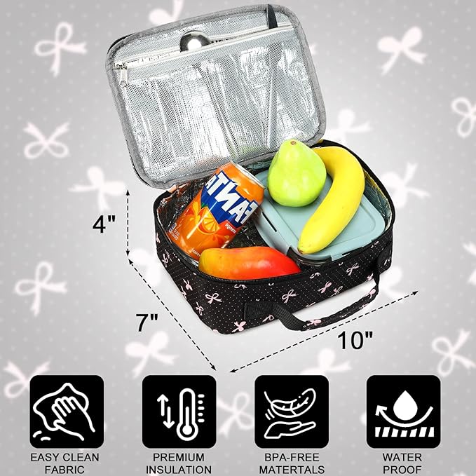 LEDAOU Lunch Box Kids Insulated Lunch Bag Girls Toddler Reusable Lunchbox for School Picnic Hiking (Black-Pink Bow)