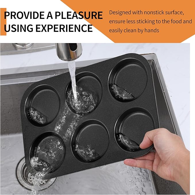 P&P CHEF Muffin Top Pan Set of 1, Stainless Steel 6-Cavity Shallow Cupcake Pans, Standard Bakeware for Eggs, Whoopie Pies, Cornbread, Cookies, Yorkshire Pudding, Easy Clean & Oven Safe, Black
