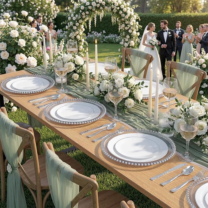 KIRE 200PCS Silver Plastic Plates - White Plastic Plates with Silver Rim Include 100 Dinner Plate and 100 for Dessert/Salad Plate for Birthday/Wedding/Party