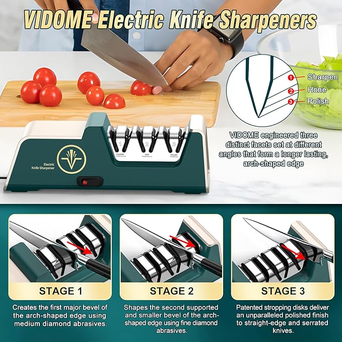 Professional Electric Knife Sharpener with 100% Diamond Abrasives, 3-Stage Precision Angle Guides, Champagne Gold, for Kitchen Straight Edge and Ceramic Knives