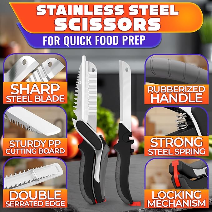 Cutting Board Scissors 7-in-1 – Kitchen Shears Heavy Duty with Built-In Mini Board, Ribbed & Flat Blades, Spring-Assist & Safety Lock – Dishwasher-Safe Meat Scissors for Fruit, Veggies & Meat Prep