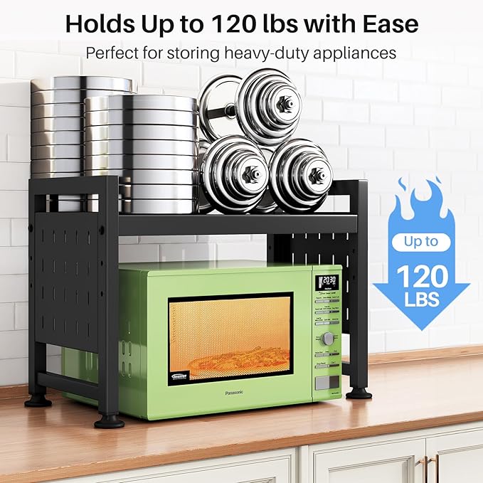 Expandable Microwave Stand Countertop, 2-Tier Adjustable Microwave Oven Rack with 8 Hooks & 2 Holders, Heavy Duty Carbon Steel Microwave Shelf for Kitchen Counter Organizer and Storage, Holds 120lbs