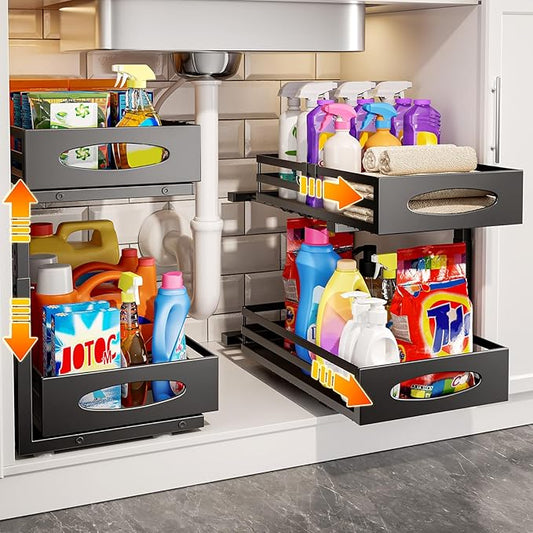 Under Sink Organizer, 2 Tier Under Sink Organizers and Storage, Adjustable Height, Slide out Metal Cabinet Organizers, Pull out Cabinet Storage Drawer Shelf for Kitchen Bathroom (Black, 2)