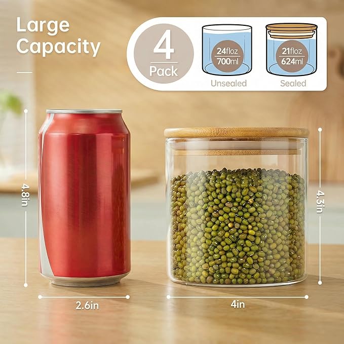 21oz - 4 Pack Glass Jars with Bamboo Lids, Glass Food Storage Containers with Airtight Lids, Air Tight Pantry Storage Containers for Coffee, Sugar, Spice, Meal Prep Jars for Salad & Fruit