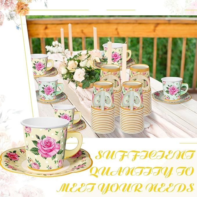 Umigy 60 Sets Spring Tea Party Decorations 6.5 oz Floral Paper Teacups & Saucer Set for Girls Women Afternoon Tea Parties Mothers Day Bridal Shower Wedding Birthday Party Decorations(Yellow, Green)