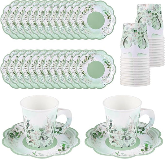 24 Sets Tea Party Cups 7 OZ Disposable Paper Tea Cups with Handle and Plates Teacups and Saucer Sets for Baby Bridal Shower Wedding Birthday(Sage Green)