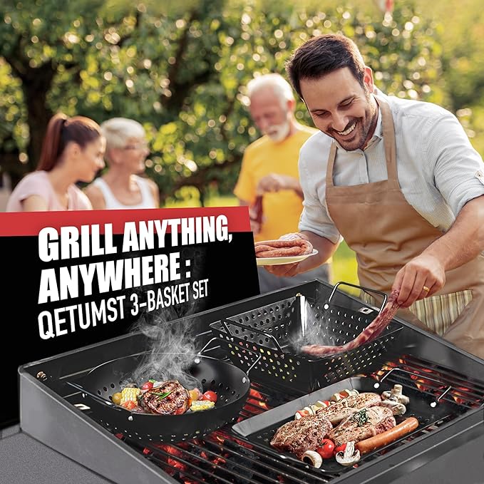 Qetumst Small Non-Stick 3 Piece Grill Basket Set – BBQ Grilling Basket for Vegetables, Seafood & Meat – Heavy Duty Perforated Grill Pan for Charcoal, Gas and Outdoor Grills, Easy to Clean Grilling Accessories