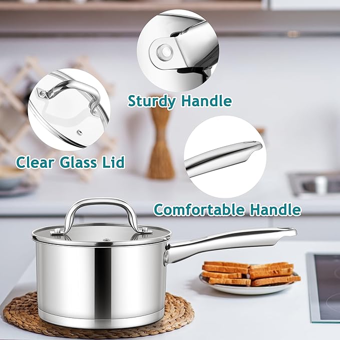 E-far Stainless Steel Saucepan with Lid Set - 1QT & 2QT, Triply Sauce Pan Induction Pot for Cooking, Boiling, Compatible with All Stoves, Visible Lid, Healthy & Non Toxic, Oven & Dishwasher Safe