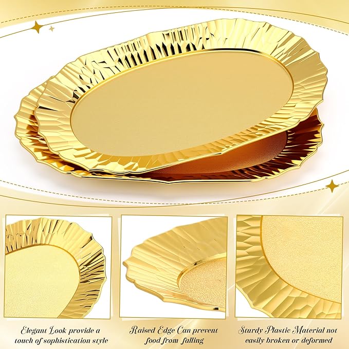 12 Pcs Gold Plastic Serving Tray Bulk, 14.5" x 8.6" Rectangle Gold Party Platters Reusable Decorative Dessert Table Serving Trays Snack Food Tray for Cupcake Cookie Wedding Birthday Party