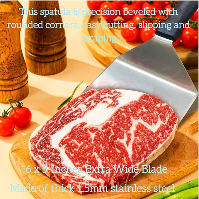 Extra Wide Spatula, Large Metal Spatula Heavy Duty Stainless Steel Spatulas Turner Flipper with Beveled Edges for Skillets, Grills, Pancake Flipper, Smash Burgers, 6 x 5-Inches Blade