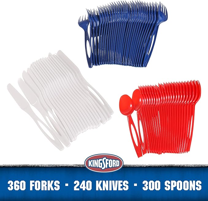 Kingsford Assorted Plastic Cutlery Set, Full Size Disposable Forks Knives & Spoons, Heavy Duty Reusable Dishwasher Safe Utensils for BBQ, Picnics, Parties & Daily Meals, Red White Blue, 75 Ct - 12 Pk