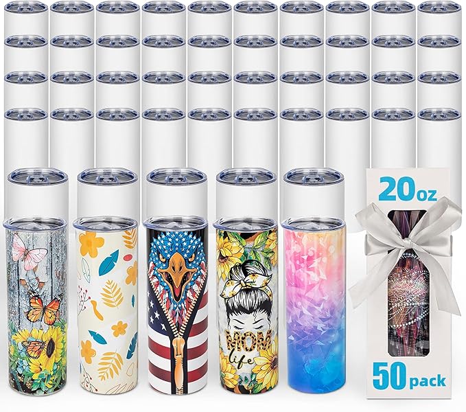 50 Pack 20oz Sublimation Tumbler Blanks Skinny Straight in Bulk, Stainless Steel Insulated Sublimation Tumbler with Polymer Coating for Heat Transfer, With Lid, Straw, ribbon, Gift box