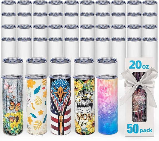 50 Pack 20oz Sublimation Tumbler Blanks Skinny Straight in Bulk, Stainless Steel Insulated Sublimation Tumbler with Polymer Coating for Heat Transfer, With Lid, Straw, ribbon, Gift box