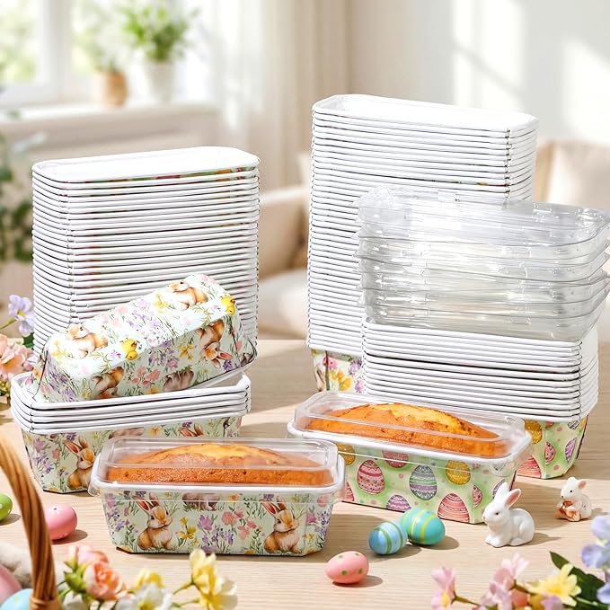 LemonRoad 100 Pcs Easter Mini Loaf Pans with Lids 6.3 x 2.2 x 2.2 Inch Disposable Paper Baking Pans Bulk, Easter Baby Shower Baking Party Supplies for Cake Bread Oven Bakery