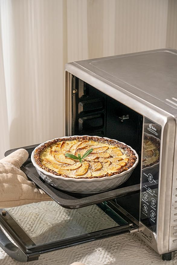 36oz 9 Inch Ceramic Pie Plate,Deep Embossed Dotted Baking Dish for Quiche, Tart, Apple Pie,Rustic Oven Safe Pie Pan with Textured Rim–White Stoneware