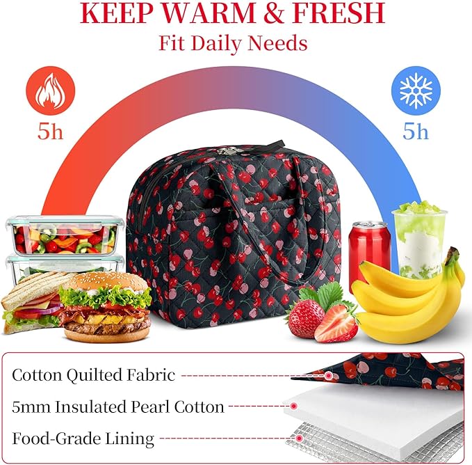 Quilted Lunch Box for Women,Coquette Aesthetic Lunch Box for Teen Girls,Cute Cherry Lunch Bags for Work, School,Office,Picnic,Travel (Blue Cherry)
