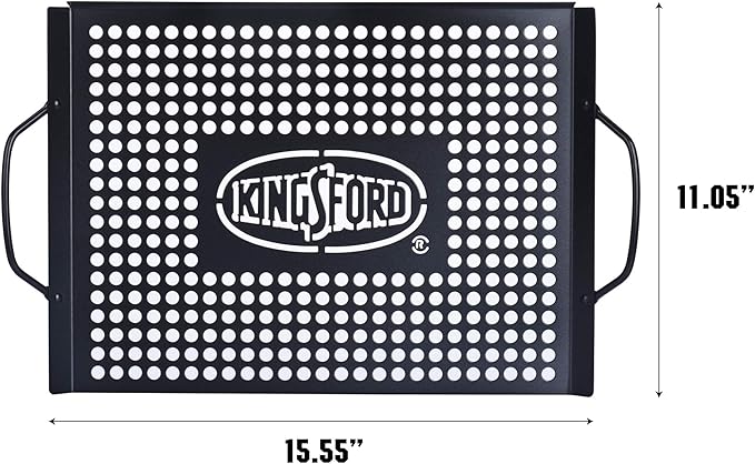 Kingsford Non-Stick Grill Topper Pan, Heavy Duty Carbon Steel BBQ Grilling Tray with Handles, Perforated Surface Helps Keep Small Foods from Falling Through Grates, 15.55 x 11.05 Inch