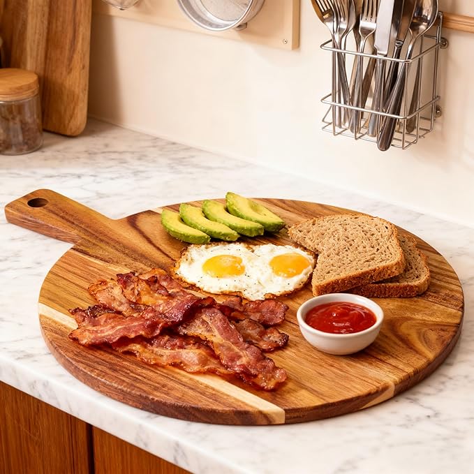 Large Acacia Wood Cutting Board with Handle 17''X13'', Charcuterie Board, Serving Board, Chopping Board for Meat, Cheese, Bread, Vegetables & Fruits (Round)