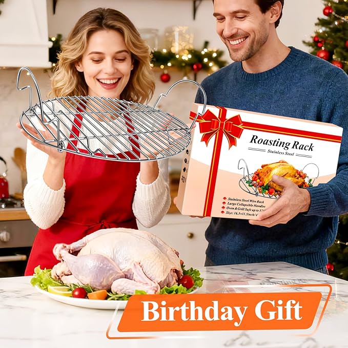 16.5inch Oval Roasting Rack for Oven, Thanksgiving Christmas Gifts for Mom Men Wife Cooking Home Chefs, Stainless Steel Cooling Rack with Handle, Wire Rack for Cooking, Grilling, Drying