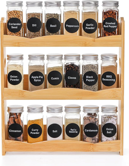 Jucoan 3-Tier Bamboo Spice Rack for Countertop, Wall Mounted Spice Holder Rack Seasoning Bottles Jar Organizer Shelf, Bathroom Organizer Rack, Spice Rack Only, Jars No Included, No Assembly Required