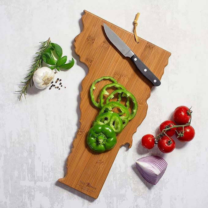 Totally Bamboo Vermont State Shaped Cutting Board and Charcuterie Serving Platter with Artwork by Summer Stokes, Includes Hang Tie for Wall Display