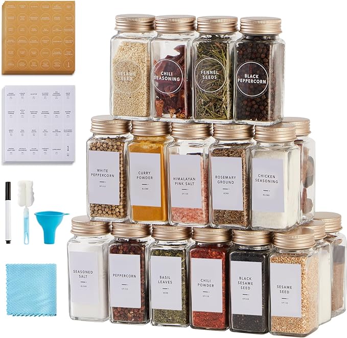 36 Pcs Spice Jars with Label- Glass Spice Jars with Gold Metal Caps,Shaker Lids, Funnel, Chalk Pen, Brush,Cleaning Cloth,Skiileor 4oz Seasoning Containers Bottles for Spice Rack, Cabinet, Drawer