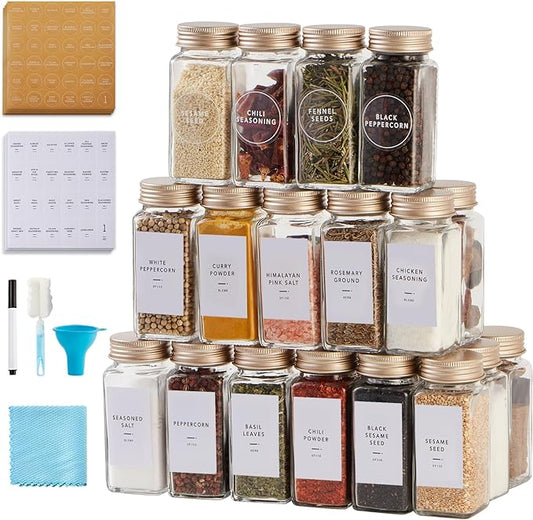 36 Pcs Spice Jars with Label- Glass Spice Jars with Gold Metal Caps,Shaker Lids, Funnel, Chalk Pen, Brush,Cleaning Cloth,Skiileor 4oz Seasoning Containers Bottles for Spice Rack, Cabinet, Drawer
