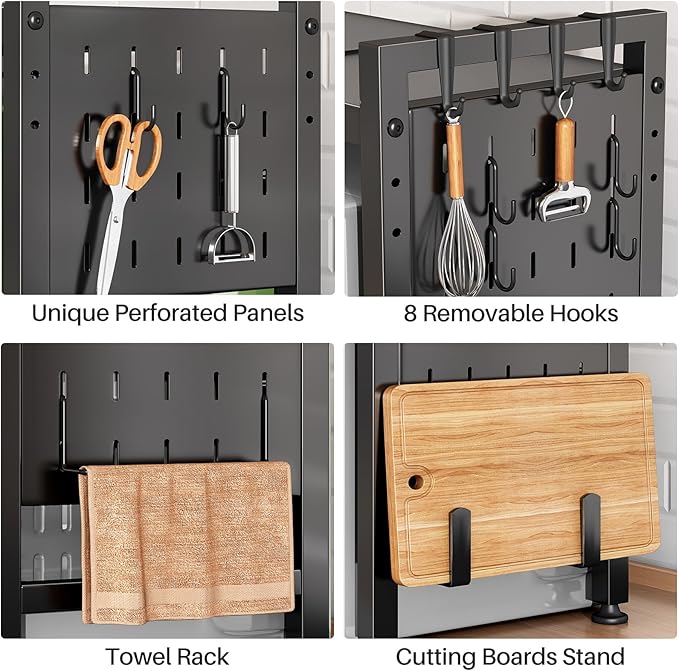 Expandable Microwave Stand, Heavy Duty 3-Tier Adjustable Microwave Oven Rack Shelf with 8 Hooks & 2 Holders, Space-saving Kitchen Counter Shelf for kitchen organizers and storage, 200lbs Capacity