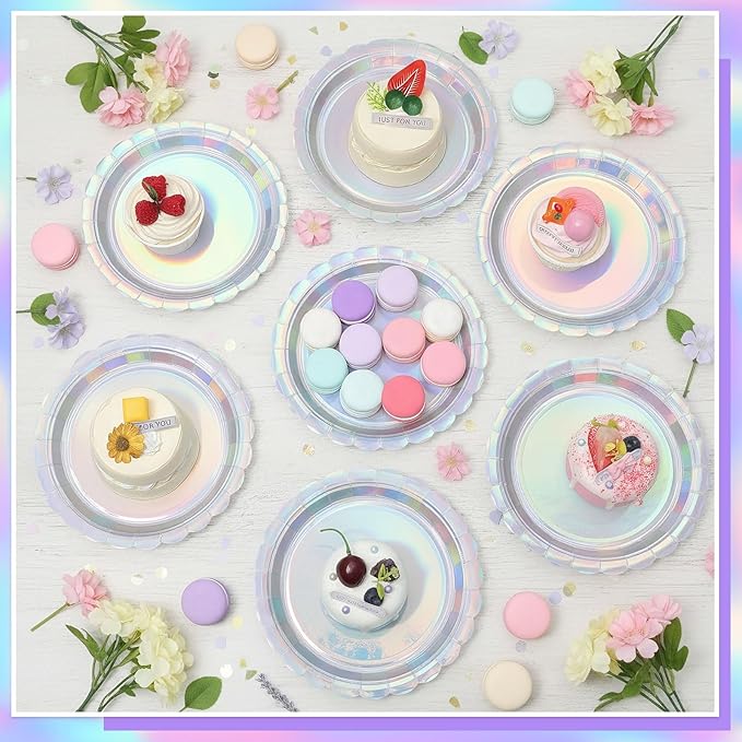 30 Pcs Iridescent Paper Plates Disposable 7 Inch Scalloped Holographic Plates Sliver Cake Dessert Plate for Birthday, Mermaid, Disco