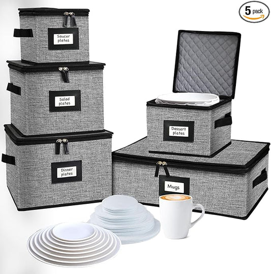 5 PACK China Storage Containers-Quilted Mug Storage and Moving Boxes for Dishes,Dish Packing Supplies for Moving,Dinnerware &Accessories,Holds a total of 48 plates (4 sizes) and 12 cups(Grey)
