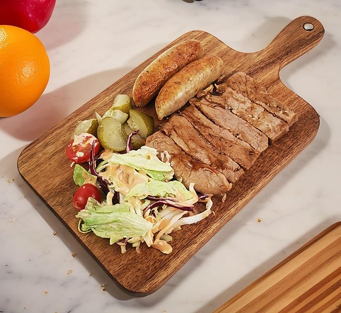ZeQi 6PCS Small Acacia Wood Cutting Board with Handle 13.7''X7'', Chopping Board, Charcuterie Board, Serving Board for Cheese, Bread, Meat, Vegetables & Fruits (6 Pack Rectangular)