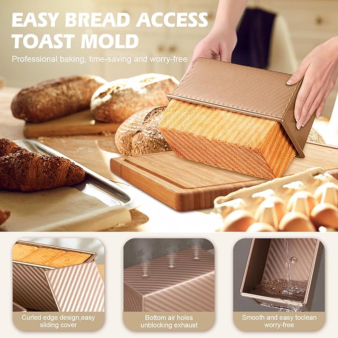 2Pack Bread Loaf Pan with Lids – 1 LB Dough Capacity, Non-Stick Carbon Steel Pullman Loaf Pan for Homemade Sandwich and Sourdough Bread, Corrugated Toast Mold Gold
