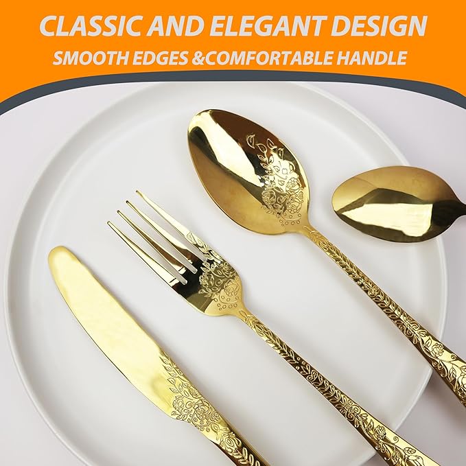 Runfly Vintage Carved Floral Gold Silverware Set for 4, Stainless Steel 20-Piece Flatware Set with Knife/Fork/Spoon, Cutlery Set for Home and Kitchen, Modern Utensil Set