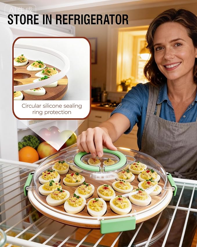 Deviled Egg Containers with Lid, Easter Gifts Set (24 Eggs), 2026 Upgraded Acacia Wooden Deviled Egg Tray Platter for Party and Home Kitchen, The Lid is Dishwasher Safe (Green)
