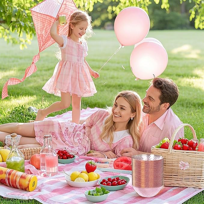 I00000 30 Pack 12 Ounce Pink Plastic Bowls Hammered Clear Bowl with Gold Rimmed, Heavy Duty Disposable Bowl Set,Elegant Salad/Dessert/Ice Cream Small Bowls for Party Weddings