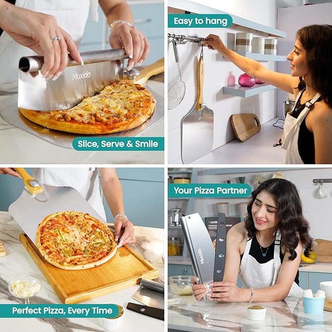 Aluminum Pizza Peel & Rocker Cutter Set (12" x 14") Premium Stainless Steel Pizza Paddle with Foldable Wooden Handle, Lightweight Pizza Spatula with Storage Bag for Oven & Outdoor Pizza Maker