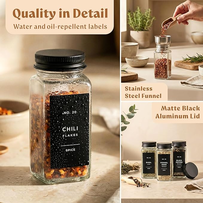 Glass Spice Jars with Label and Black Aluminium Lids (24 x 4oz) Spice Containers with 240 Labels, Shaker Inserts, Steel Funnel, Empty Square Seasoning Organizer (Black Aluminium Lid)
